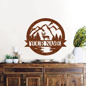 Personalized Deer in Mountains Family name Sign. Elegant Home decor plaque - Picture 1 of 4