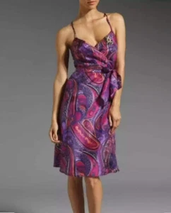 Trina Turk Devendra Silk Dress Sz 4 Purple Paisley Summer Party Belted Casual - Picture 1 of 12