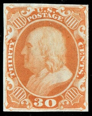 [st7203] USA 1860 Franklin Scott#38P3 plate proof 30c India paper cv:$1,250 - Image 1 of 2