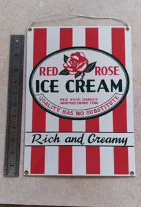 Vintage Ande Rooney Red Rose Ice Cream Metal Porcelain Sign 9 x12 1/2 inches - Picture 1 of 2