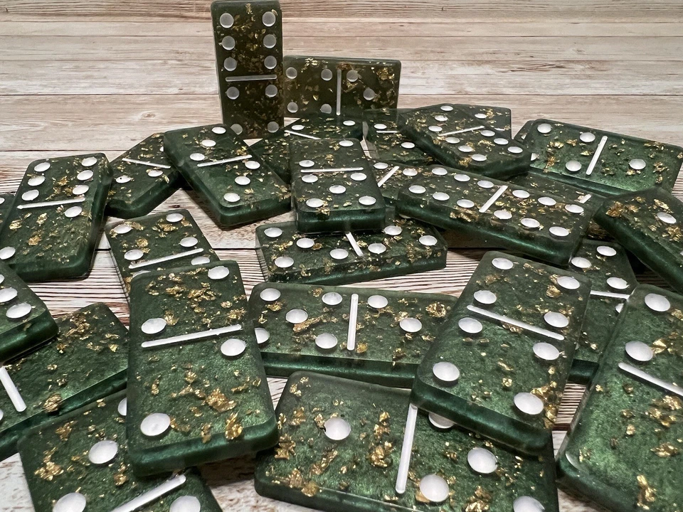Green Gold Flake Resin Dominoes Handmade Game Tiles New Condition  - Image 1 of 1