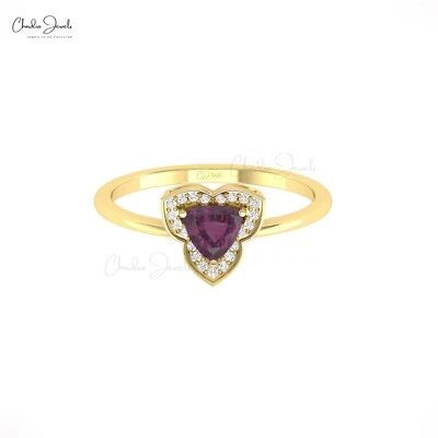 14K Gold 5mm Trillion Cut Rhodolite Garnet & Diamond Halo Ring Fine Jewelry Gift - Image 1 of 4