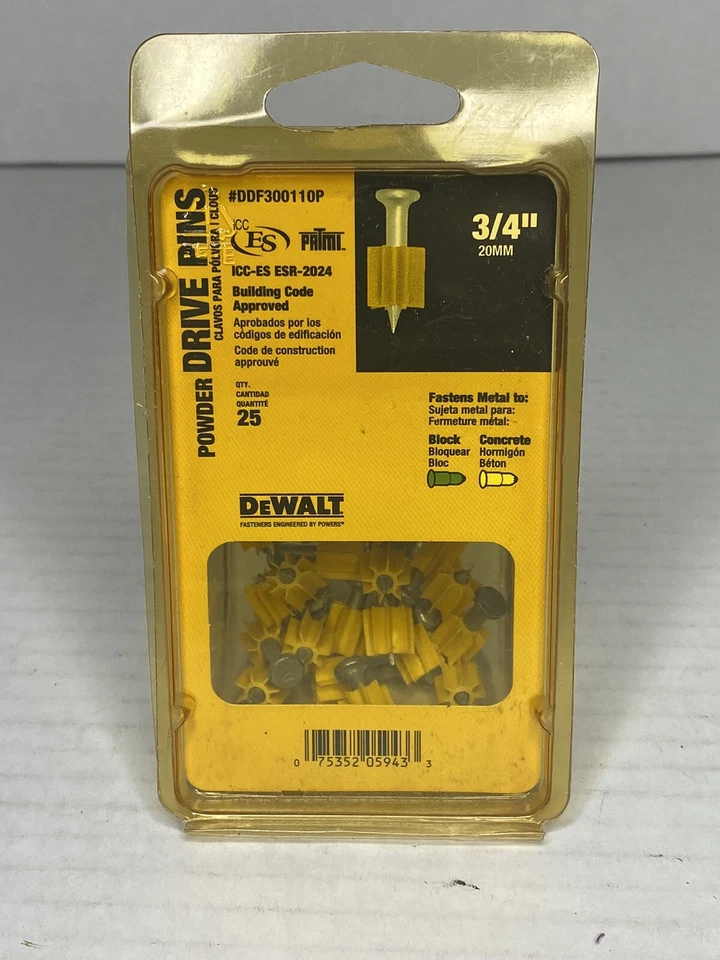 2x DEWALT Ddf300110p Concrete Powder Drive Pins 3/4" Length 20mm Total