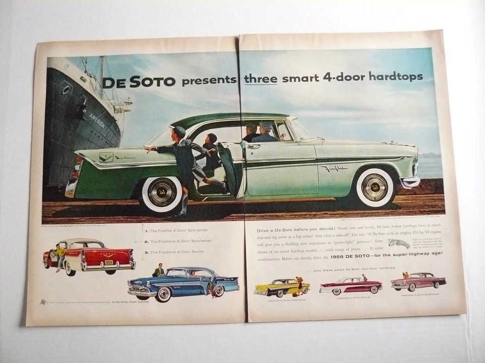 1956 DeSoto Firelite Sportsman 2 tons verde cupê 4 portas anúncio impresso de 2 páginas - Imagem 1 de 1