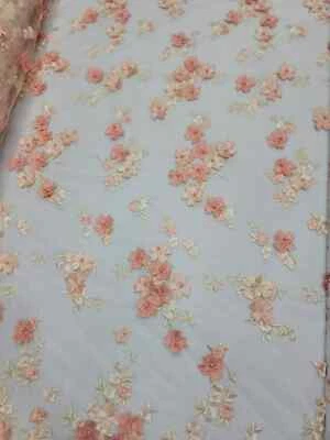 "Peach 3D Floral Lace with Beaded Details - Sold by the Yard, Perfect for Party