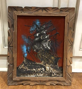 Vintage Mexican Framed Painting on Velvet Galleon Pirate Ship Burnt Orange - Picture 1 of 8