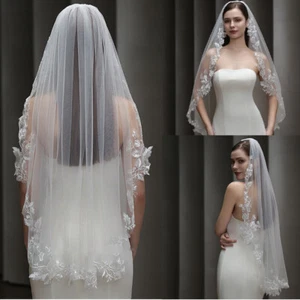 Short Wedding Veils for Brides Appliques Lace Edge One-Layer lvory 100cm - Picture 1 of 11