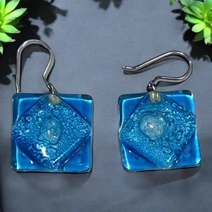 Handcrafted Dimensional Ocean Blue Fused Dichroic Glass Earrings 925 French Wire - Picture 1 of 5
