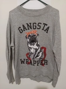 H&M Gangsta Wrapper Womens XL Sweater Sequin Gray Pug Dog Cute Long Sleeve - Picture 1 of 4
