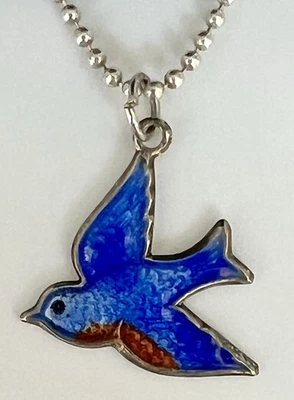 Винтажный 925 Wells гильош эмалированный Bluebird подвеска на 18» 925 мяч цепочка ожерелье - Изображение 1 из 4