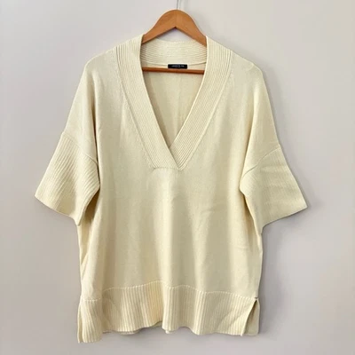 Lafayette 148 New York Sweater Women's Knit V Neck Tunic Cream Cotton Silk M - Image 1 of 4