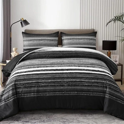 Juego de edredón Queen de 3 piezas edredón a rayas retazos negro y gris con 2 almohadas Foto 1 de 4