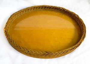 Antique Birdseye Maple Glass Top Oval Serving Tray with Wicker Rim 18.5 x 13.5" - Picture 1 of 6