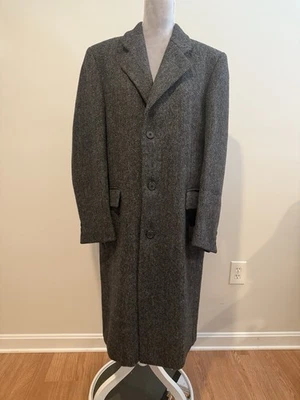 Vintage Sz 40R Unbranded Gray Black Herringbone Wool Overcoat Trench 70s 80s - Image 1 of 4