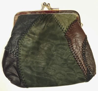 Coin Change Purse Wallet Leather Patchwork Kisslock Snap Lined 4.5 x 3.5 Inches - Image 1 of 4
