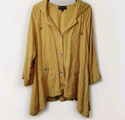 💛JNY JONES NEW YORK Women's L Swing Jacket 100% Linen Mustard Hooded Lagenlook - Image 1 of 4