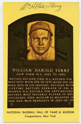 William Bill Terry Signed Autographed HOF Plaque Postcard Post Card PSA/DNA - Image 1 of 3