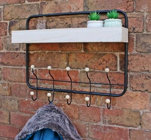 Coat Hooks Storage Shelf Holder Wall Mounted Wooden Rack Hallway Hanging Decor - Imagen 1 de 11