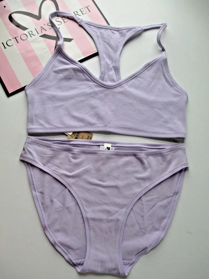 VICTORIA'S SECRET PINK Cotton Bralette Bra and Bikini Panty Set L XL Purple VS - Image 1 of 4