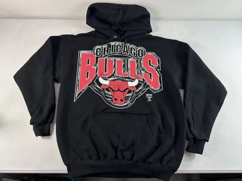 Vintage 90s Logo 7 Chicago Bulls Black Hoodie Sweatshirt Sz M NBA Cover