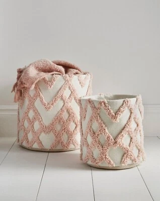 Storage Baskets x2 Pink Ruffled Woven Set Of Luxury Cotton Storage Bags Large - Image 1 of 2