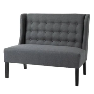 Scandinavian 2 Seater Button Tufted Loveseat Wooden Legs Gray Linen - Picture 1 of 1