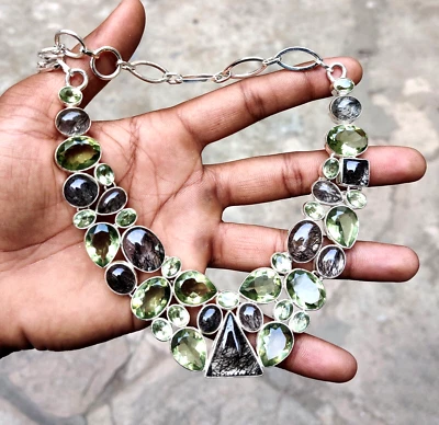 Collar Joyería Hecho a Mano Amatista Verde Cabina Cuarzo Rutilo Negro Natural 18" Foto 1 de 4