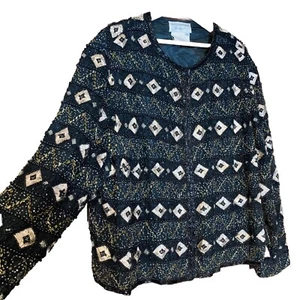 Vtg 90s Papell Beaded Silk Jacket 16W Evening Black Bling Cocktail party Formal - Picture 1 of 12