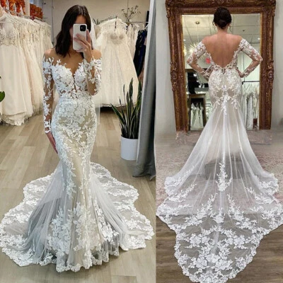 Кружевные русалки свадебные платья длинные рукава аппликации без спинки кнопки свадебное платье - Изображение 1 из 4