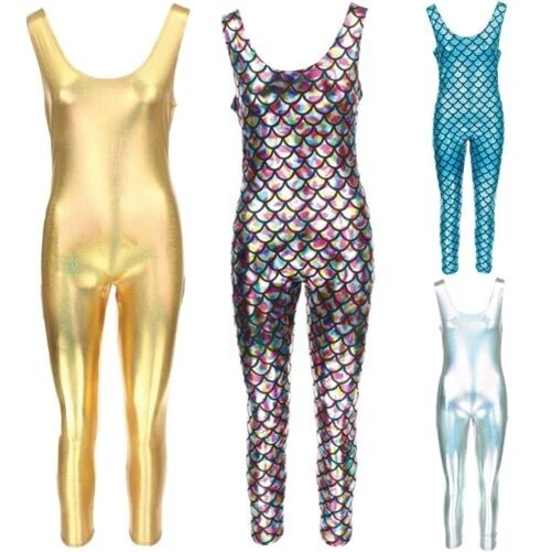 Tuta Intera senza Maniche Body Tuta Tutina Pantaloni Oro Argento Sirena Bilance - Immagine 1 di 1