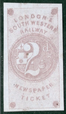 GB LSWR RAILWAY *Newspaper Ticket* Stamp 2d Lilac/Blued (c1855) MNG B2WHITE20 - Image 1 of 4
