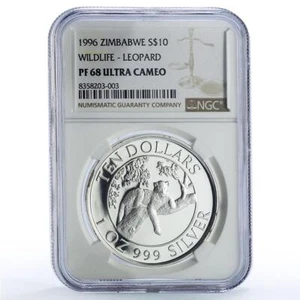 Zimbabwe 10 dollars Leopard Conservation Wildlife Fauna PF68 NGC Ag coin 1996 - Picture 1 of 2