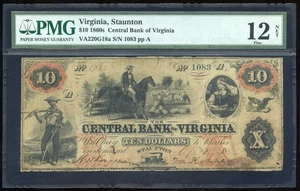 Stauton Virginia Central Bank $10 Obsolete April 1, 1860 PMG Fine 12 Net - Picture 1 of 2