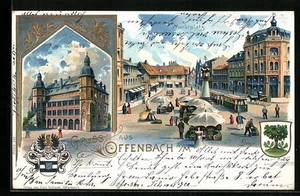 Präge-Lithographie Offenbach a. M., Marktplatz mit Ständen, Wappen, Altes Schlo  - Picture 1 of 2
