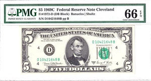 1969-C $5 Federal Reserve Note Cleveland DB Block PMG 66EPQ Pop 9/2 #D10421648B - Picture 1 of 2
