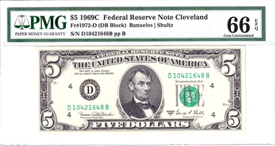1969-C $5 Federal Reserve Note Cleveland DB Block PMG 66EPQ Pop 9/2 #D10421648B - Image 1 of 2