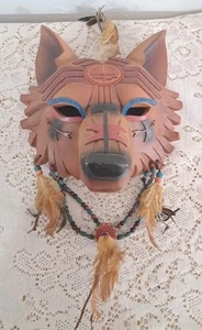Handgefertigte Keramik Indianer Fuchs Geist Maske Wandbehang Perlen Federn - Bild 1 von 11