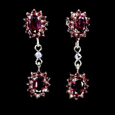 925 Sterling Silver Earrings Oval Rhodolite Garnet Tanzanite Gemstone Jewelry - Image 1 of 4