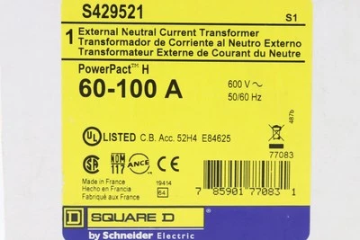 SQUARE D S429521 60-100A POWERPACT H EXTERNAL NEUTRAL CURRENT TRANSFORMER, 600V - Image 1 of 4