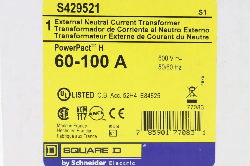 SQUARE D S429521 60-100A POWERPACT H EXTERNAL NEUTRAL CURRENT TRANSFORMER, 600V - Image 1 of 4