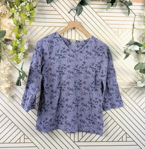 Camicia INC donna VIOLA floreale anni 90 Y2K manica 3/4 cotone aderente incrociata top M - Foto 1 di 5