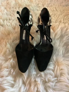 MANOLO BLAHNIK BLACK SUEDE PONY HAIR ANKLE TIE PUMPS Sz 36 MADE IN ITALY - Picture 1 of 8