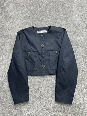 Jaqueta Zara Cropped Feminina Pequena Azul Algodão Camadas Peça Botão Frente Clássica - Imagem 1 de 4