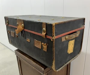 Antique Wood /Canvas Steamer Trunk Travel Labels Vintage - Needs Hinge Repair - Picture 1 of 14