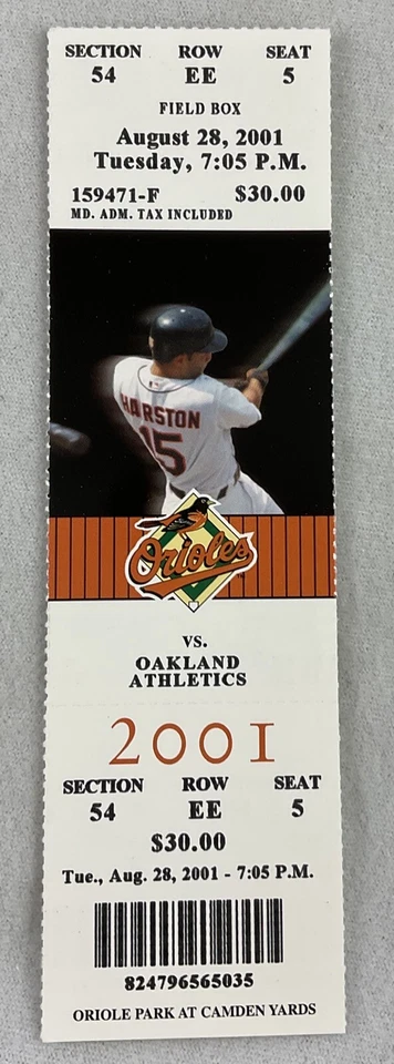 MLB 2001 28/08 Oakland A's at Baltimore Orioles Boleto-Jason Giambi HR#181 Foto 1 de 1