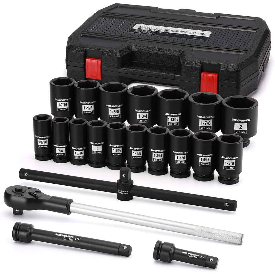 21 PCS 3/4'' Drive Deep Jumbo Impact Socket Set,SAE(7/8''-2''),6 Point,Ratchet - Image 1 of 4