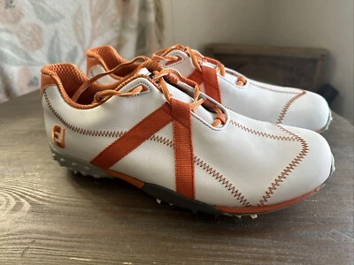 FootJoy M Project White/Orange Soft Spike Leather Golf Shoes Size 9 - Image 1 of 4