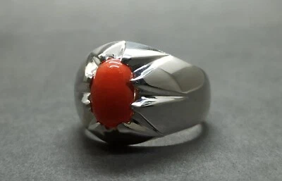 Natural Deep Red Coral Sterling Silver 925 Handmade Marjan Mens Heavy Ring - Image 1 of 4
