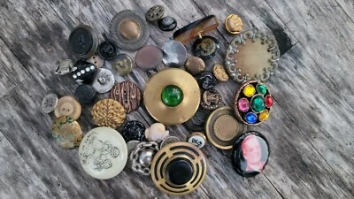 Antique Vtg BUTTON Lot Metal, Shell, Glass Jewel Celluloid More NICE #41pcs - Image 1 of 4