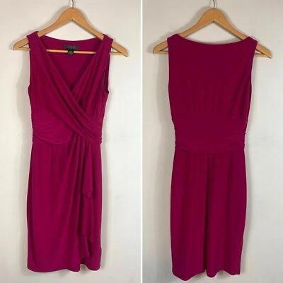 Lauren Ralph Lauren Faux Wrap Magenta Pink Sleeveless Ruched Dress 4 - Image 1 of 4
